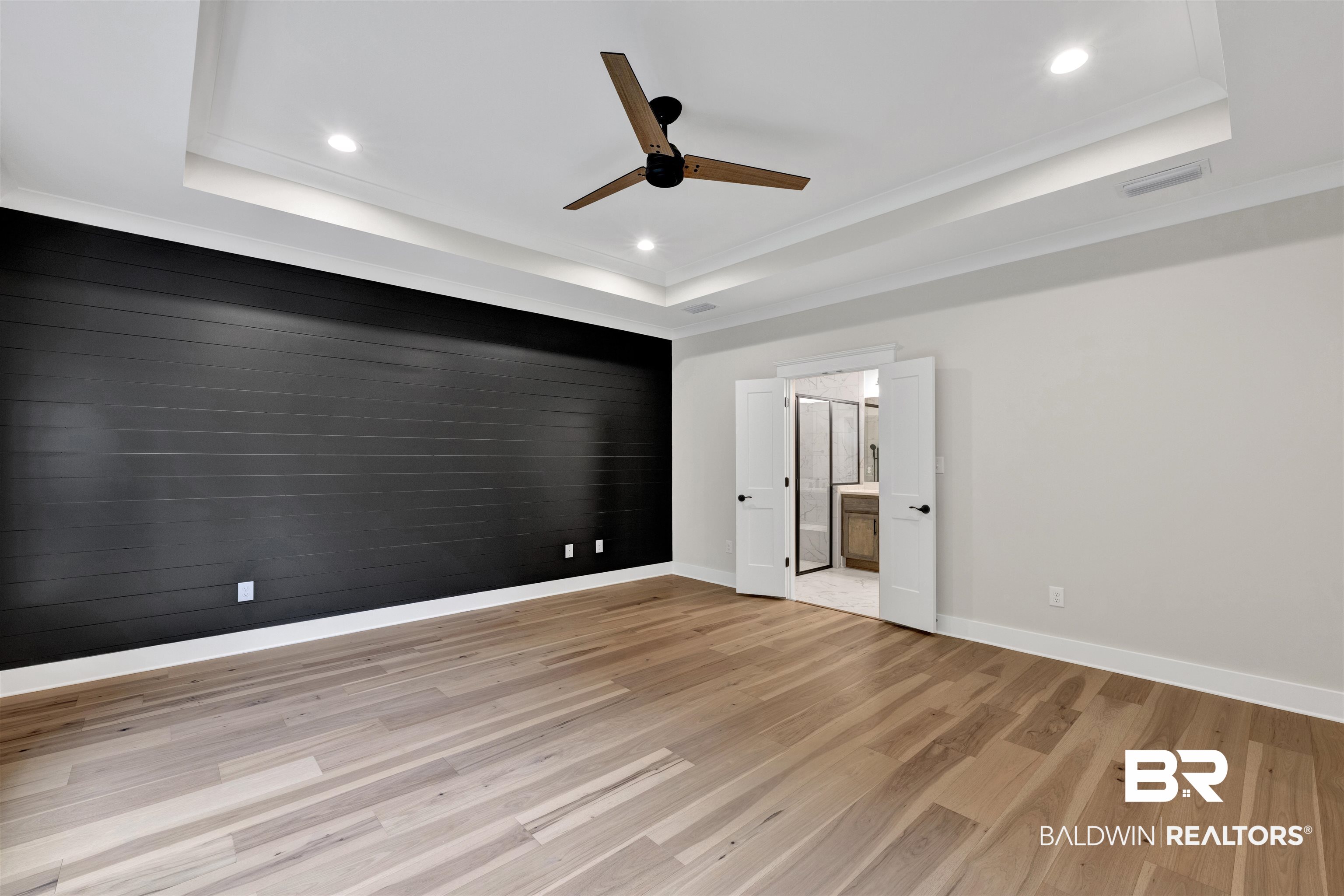 27382 Patch Pl Loop Daphne, AL 36526 - Photo 20 of 31 Unfurnished bedroom with light wood finished floors, recessed lighting, ceiling fan, ornamental molding, and connected bathroom