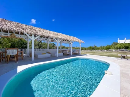 a view of a swimming pool with lawn chairs under an umbrella