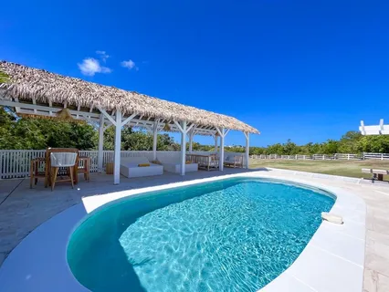 a view of a swimming pool with lawn chairs under an umbrella