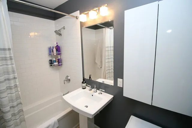 a bathroom with a sink a shower and a mirror