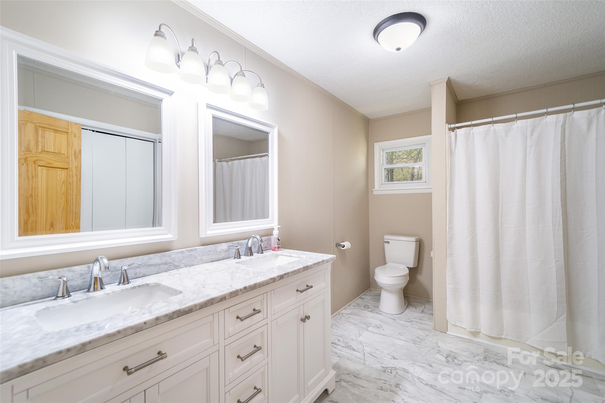 145 Jeter Mountain Road Hendersonville, NC 28739 - Photo 22 of 31 a bathroom with a granite countertop sink toilet and large mirror