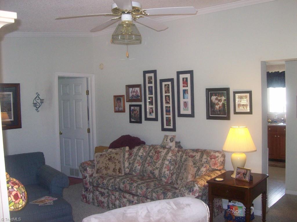 168 Reece Road Winston-Salem, NC 27107 - Photo 21 of 23 Cathedral ceiling in Living Room also boasts an elegant ceiling fan.
