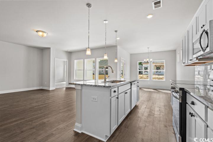 112 Furnies Place Conway, SC 29526 - Photo 11 of 24 Kitchen featuring stainless steel appliances, white cabinets, hanging light fixtures, light stone counters, and an island with sink
