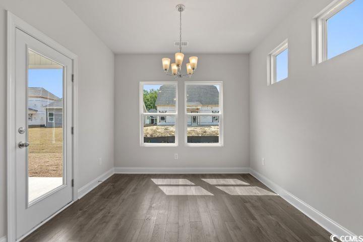 112 Furnies Place Conway, SC 29526 - Photo 8 of 24 Unfurnished dining area with dark wood-type flooring and a chandelier