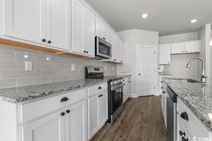 112 Furnies Place Conway, SC 29526 - Photo 10 of 24 Kitchen with appliances with stainless steel finishes, white cabinetry, light stone counters, dark wood-style flooring, and decorative backsplash