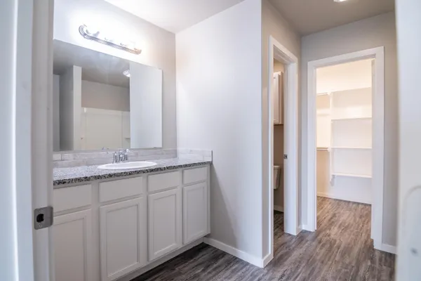 a bathroom with a granite countertop sink and a mirror