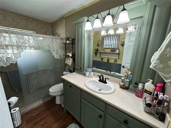 a bathroom with a sink mirror and toilet