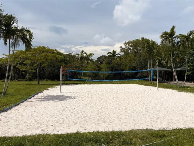 a view of a city with tall trees