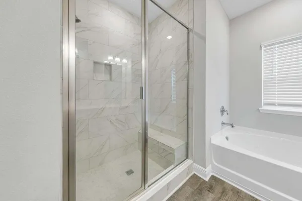 a bathroom with a bathtub and a shower