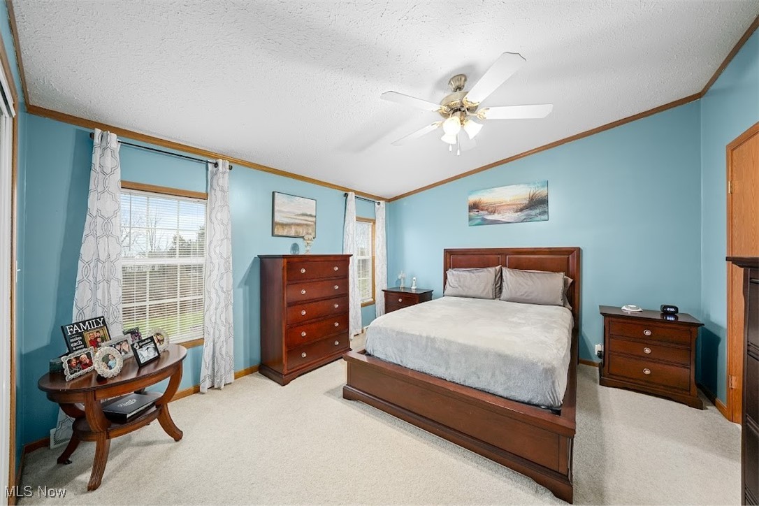 17296 Old State Road Middlefield, OH 44062 - Photo 16 of 44 Carpeted bedroom featuring a textured ceiling, ceiling fan, and crown molding