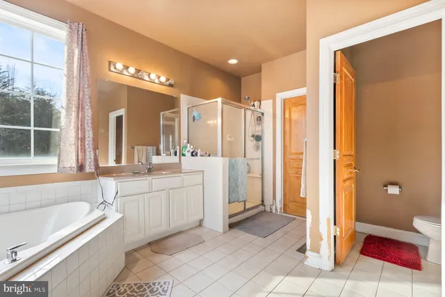 a bathroom with a tub a sink and a large mirror
