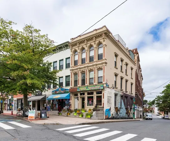 a front view of a building and a street