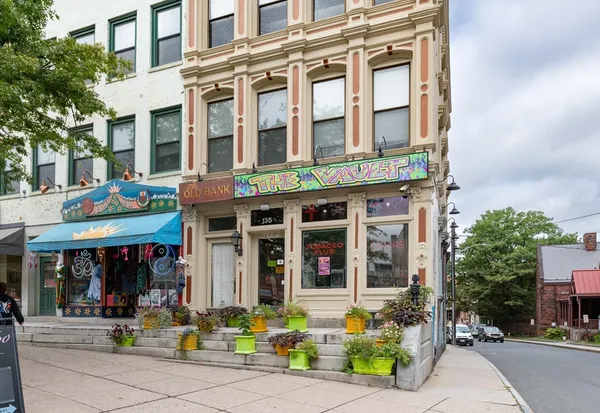 a front view of a building with street