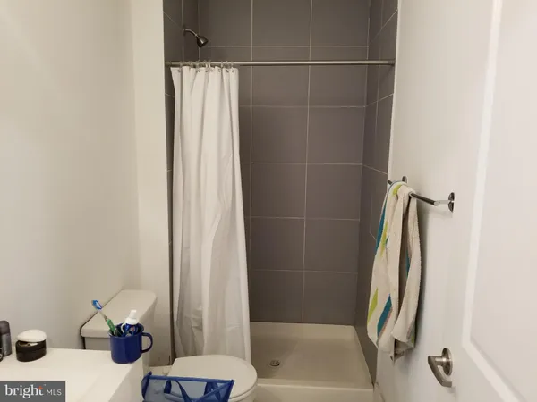 a bathroom with a shower and a toilet