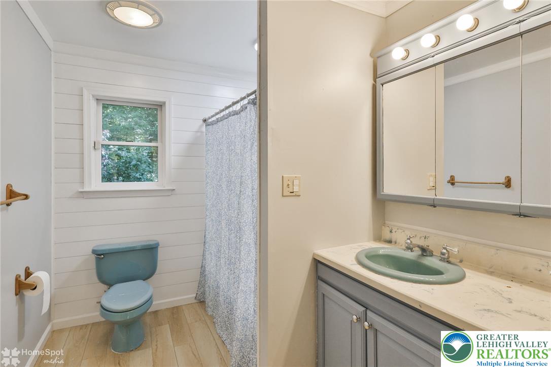60 Sassafras Road Lehighton, PA 18235 - Photo 33 of 36 A well-appointed bathroom features a practical vanity with an integrated sink and a classic toilet, complemented by natural light from a window.