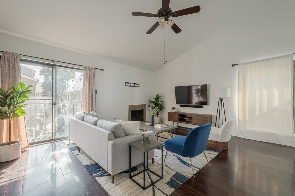 a living room with furniture a flat screen tv and a window