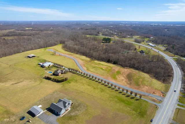 an aerial view of a swimming pool