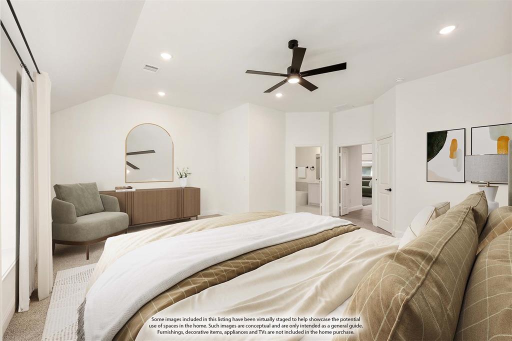 2009 Ambergate Drive Anna, TX 75409 - Photo 20 of 36 a bed room with a bed a couch and a ceiling fan