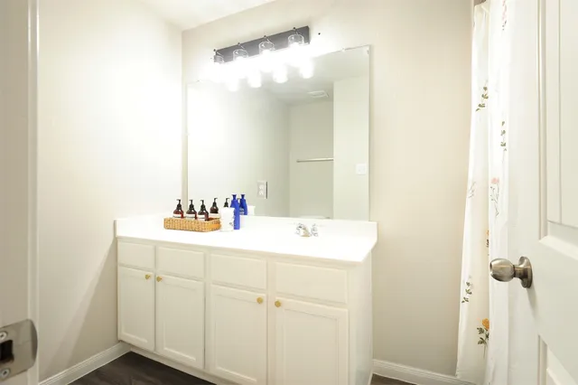 a bathroom with a sink and a mirror