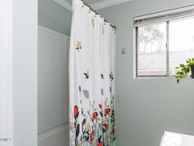 a bathroom with a shower and a curtain