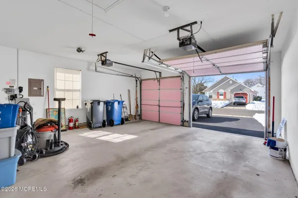 a view of a garage with storage