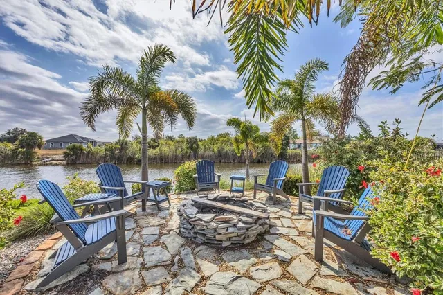 a view of a patio with swimming pool