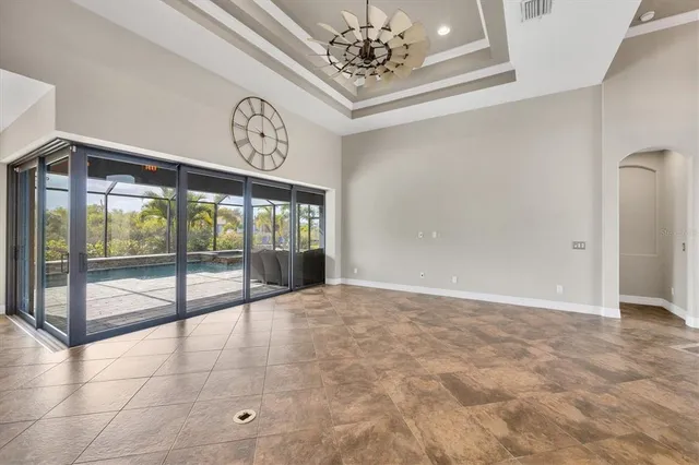 a view of an entryway with a chandelier