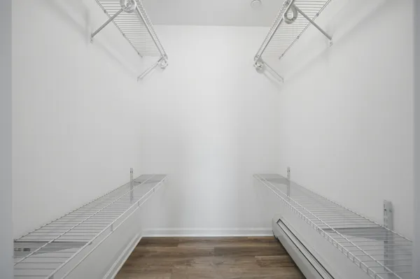 a view of a room with racks on the wall