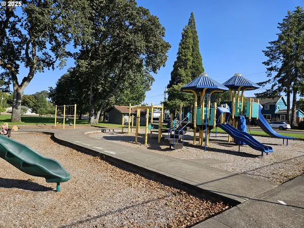 a view of a garden with a slide