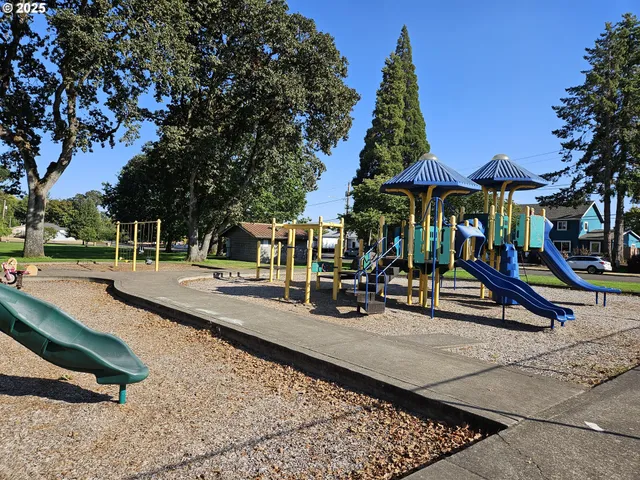 a view of a garden with a slide