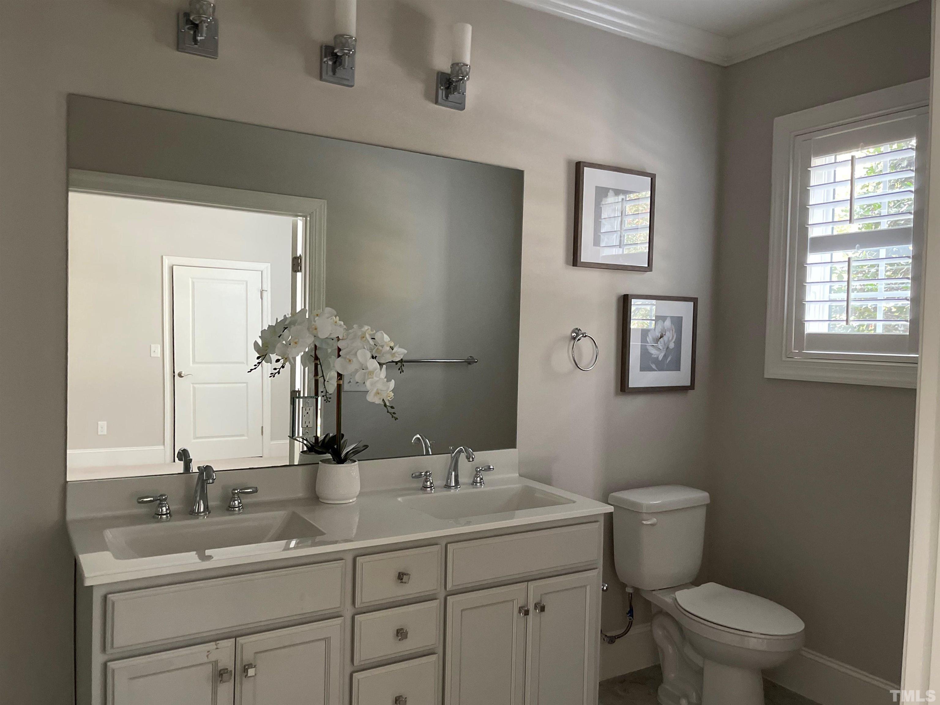 2820 Plumfield Place Raleigh, NC 27607 - Photo 9 of 23 a bathroom with a toilet a sink a mirror and window