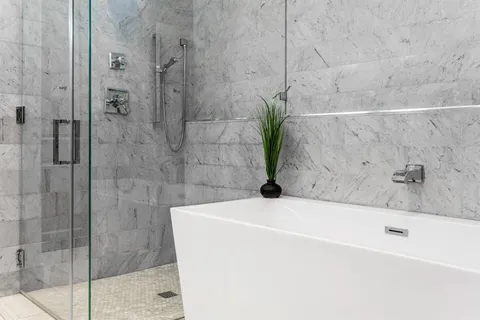 a bathroom with a bathtub