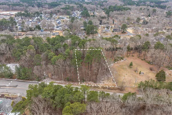 a view of a yard with large trees
