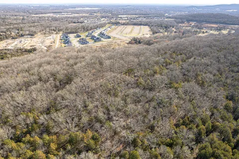an aerial view of residential houses with outdoor space and trees