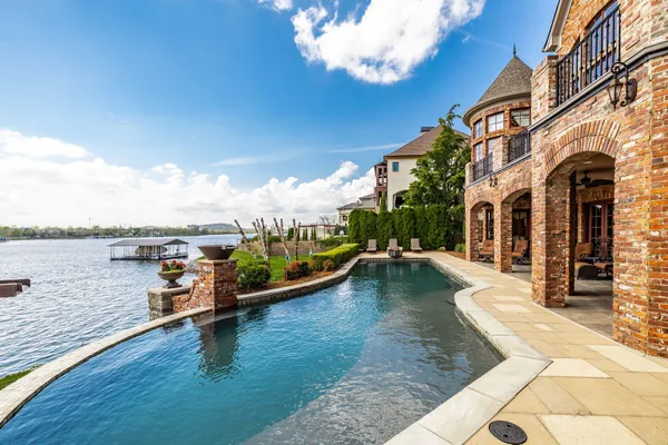 a view of a lake with a terrace