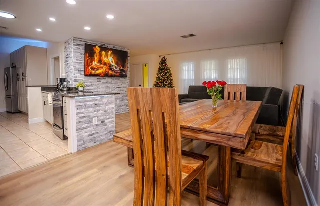a view of a dining room with furniture