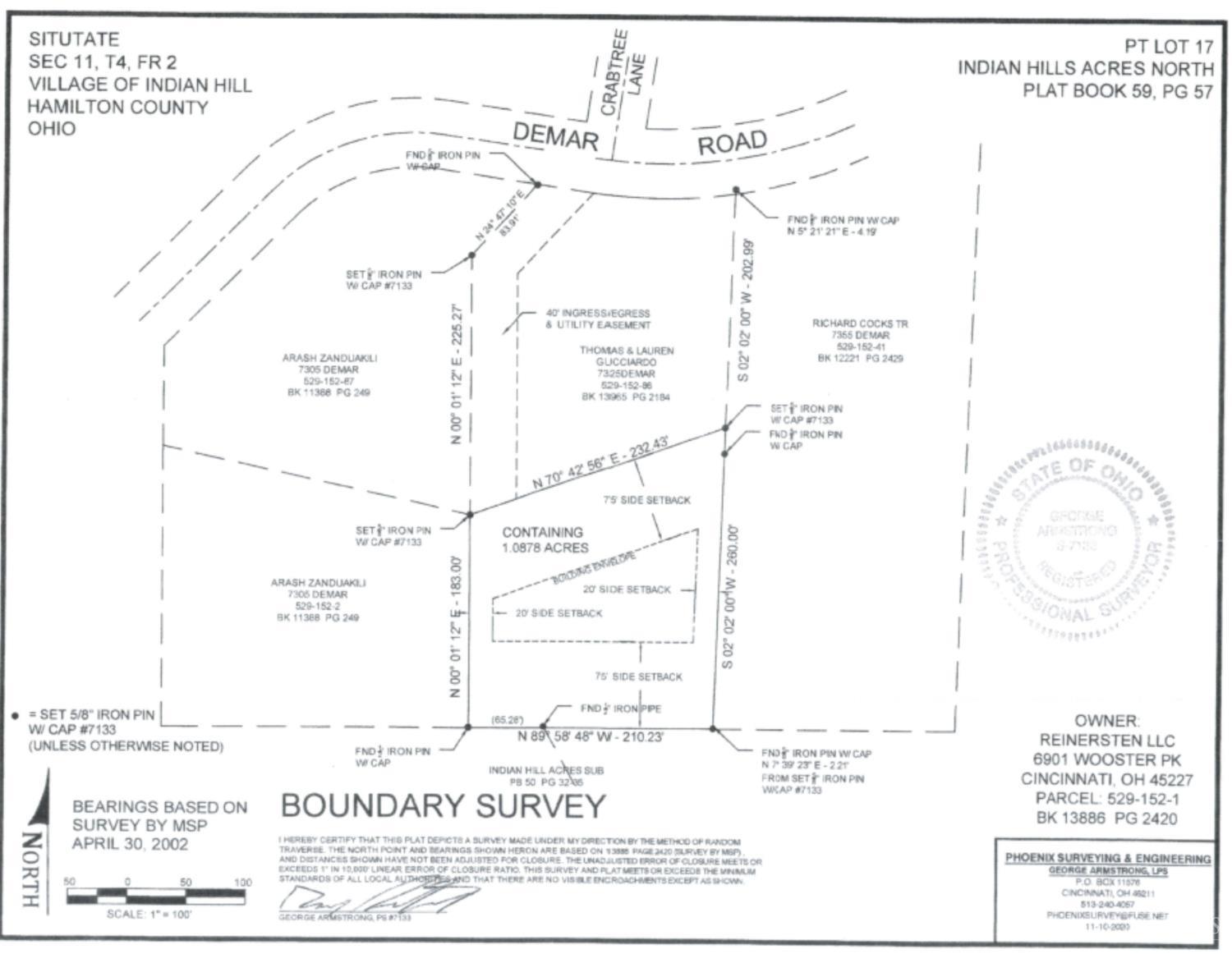 7335 Demar Road Cincinnati, OH 45243 - Photo 4 of 11 Survey: . Set on a private one-acre homesite, this lot awaits your vision, with driveway, utility, gas, and electric easements already in place. Public water and natural gas are available on the street, with the potential for a public sewer connection. Conveniently located across from Crabtree Ln with access via an easement through 7325 Demar Rd, the property offers a rare combination of privacy and accessibility.