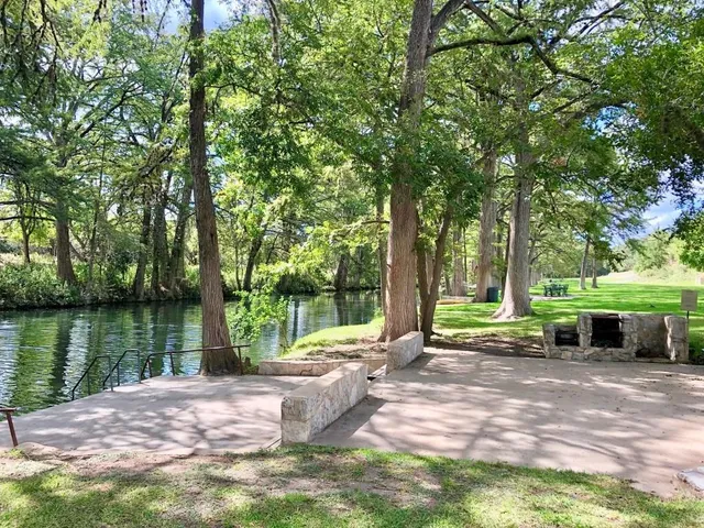 a view of a park with large trees