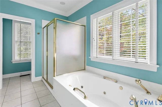 a bathroom with a bathtub and a shower