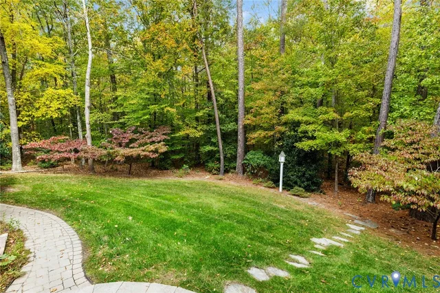 a view of a backyard with potted plants and large trees