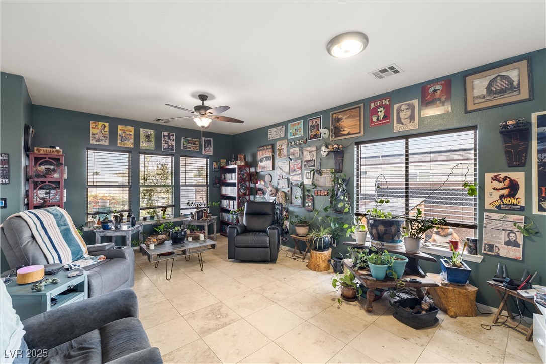 1131 South Blagg Road Pahrump, NV 89048 - Photo 5 of 30 Living room featuring ceiling fan and visible vents