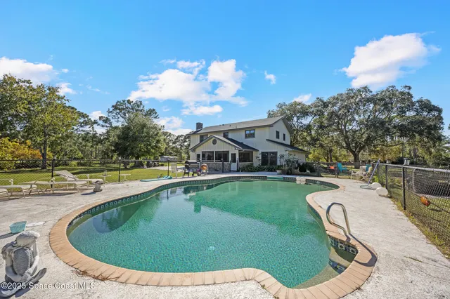 a view of a swimming pool with a yard