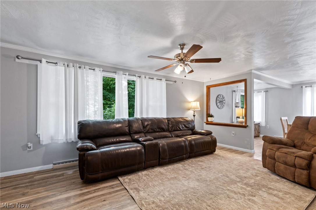 3833 Bellville North Road Bellville, OH 44813 - Photo 3 of 24 Living room with hardwood / wood-style floors, ceiling fan, crown molding, and baseboard heating