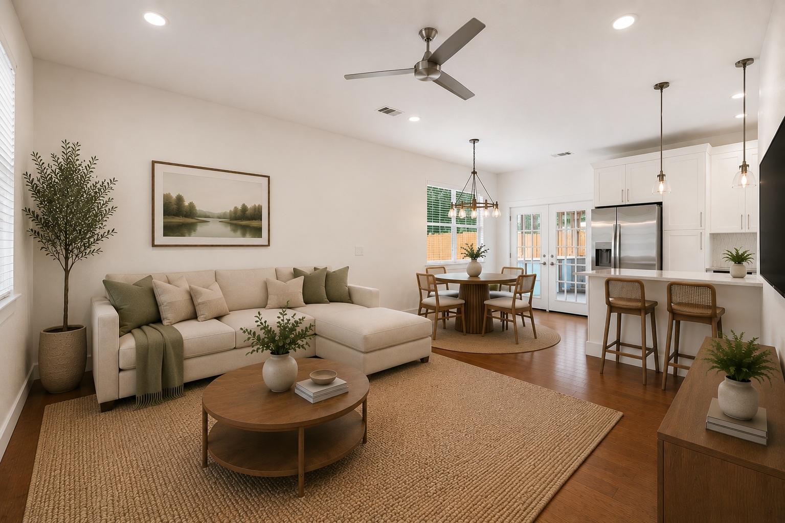 4912 Sara Drive, Unit A Austin, TX 78721 - Photo 3 of 28 * Virtually staged * Open-concept living room with hardwood floors and high ceilings.