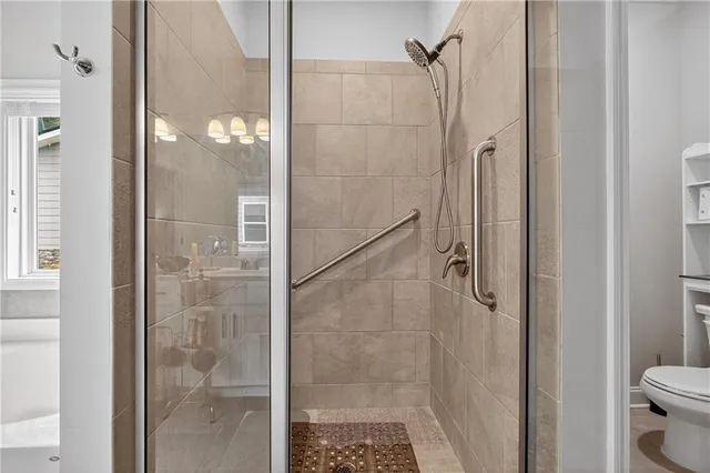 a bathroom with a shower and toilet