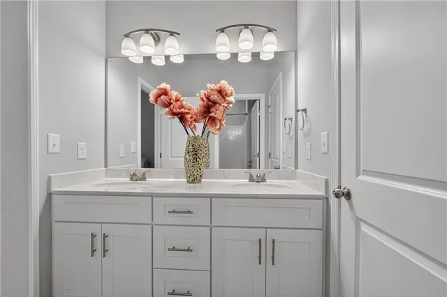 a bathroom with a sink double vanity and a mirror