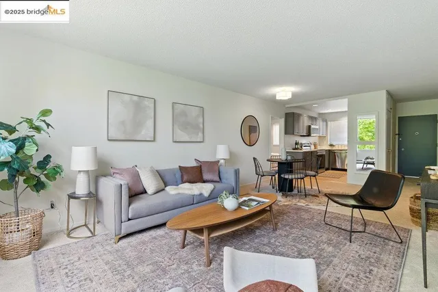 a living room with furniture and a potted plant