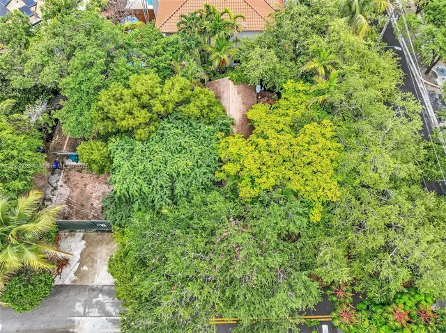 a view of a park that has large trees