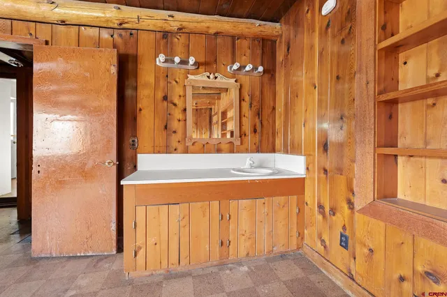 a bathroom with a shower and a sink