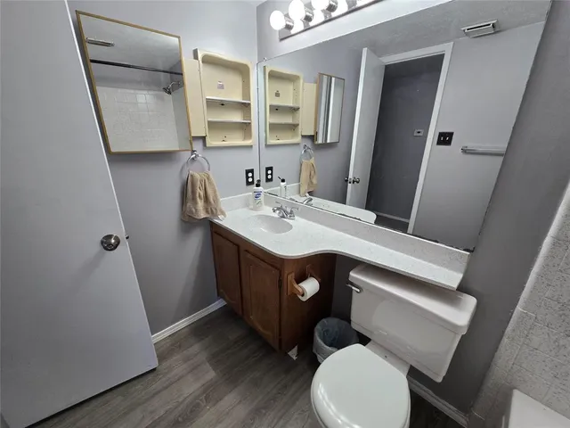 a bathroom with a sink a toilet and mirror